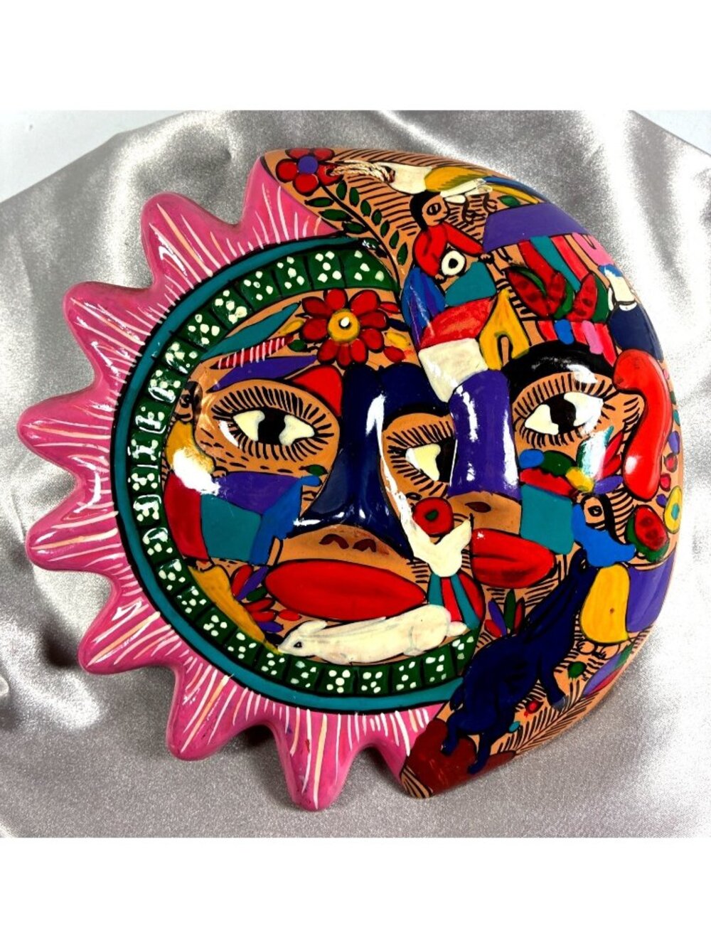 Vintage Hand Painted Mexican Folk Art Sun Moon Wall Plaque, Terracotta Celestial